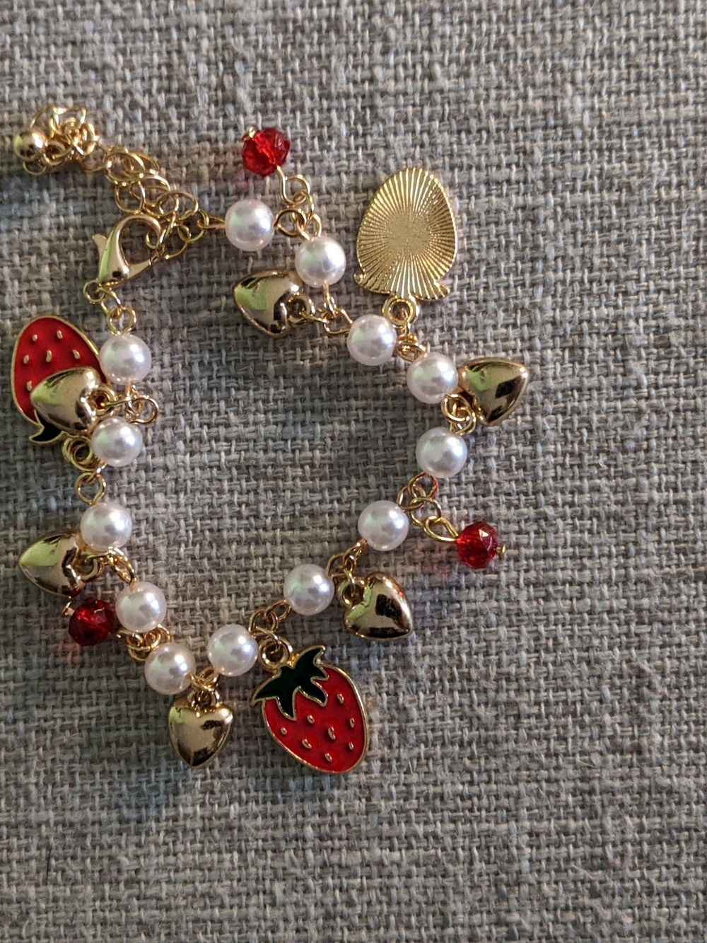 Gold Pearl Strawberry Charm Bracelet - Red Pearls